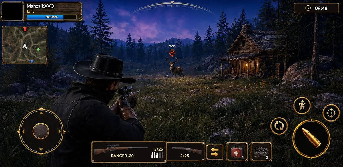 Royal Hunter: WildQuest development gameplay showing a hunter tracking a deer in a wilderness clearing